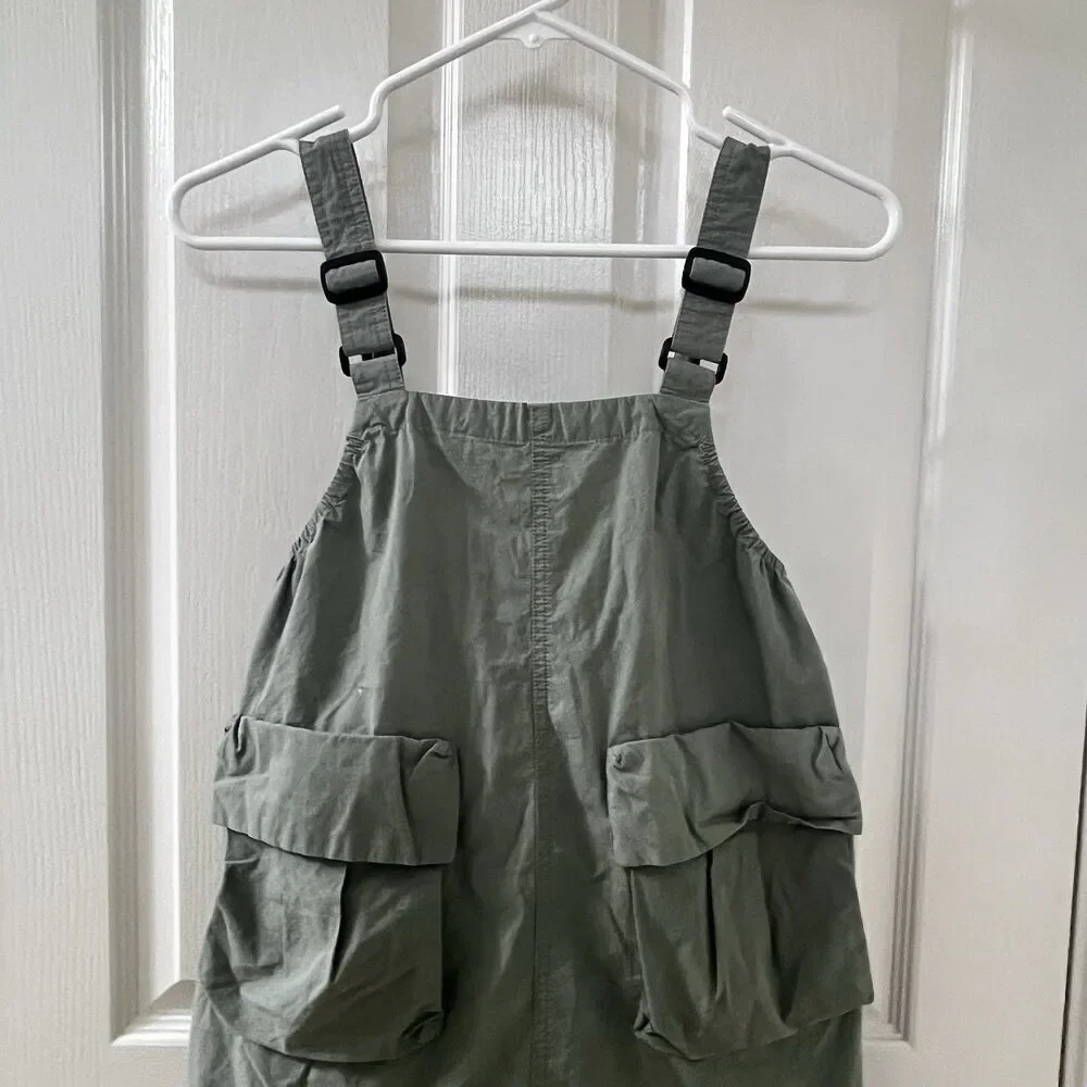 Zara Girls Green Technical Parachute Pocket Pinafore Overall Dress Size 11-12